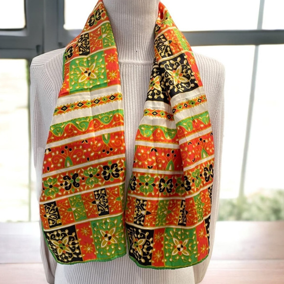 Vintage Accessories - Vintage MCM Scarf Womans Vibrant Colorful All Over Folk Art Print Oblong 16x44